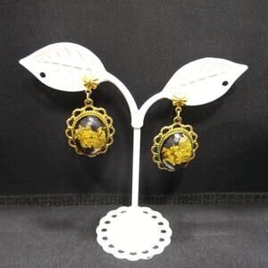 Vintage Gold Foil Lucite Post Earrings, Filigree Frames, Clear Lucite, 1 1/2 In